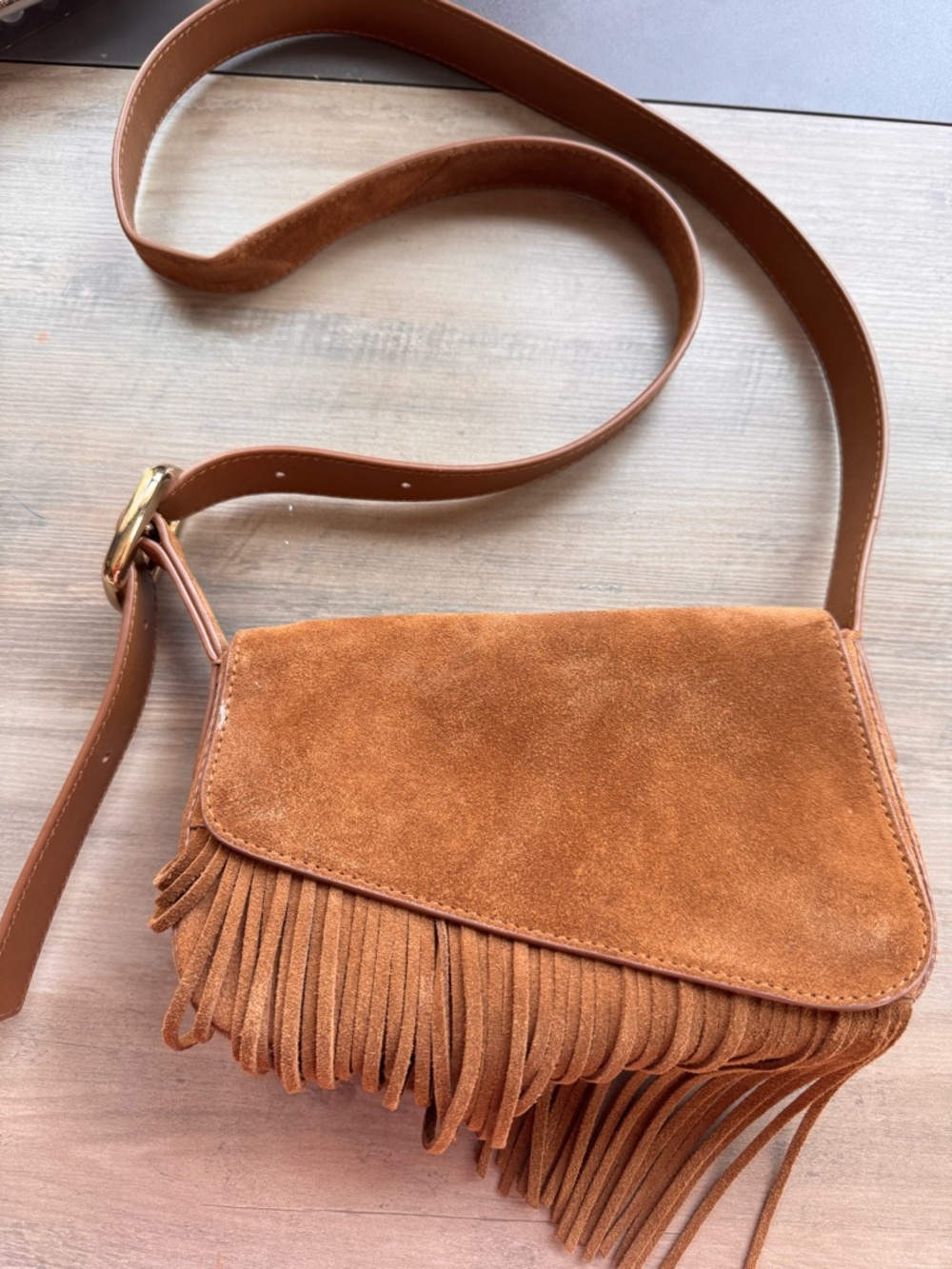 Madewell Suede Fringe Crossbody in Cognac Brown
